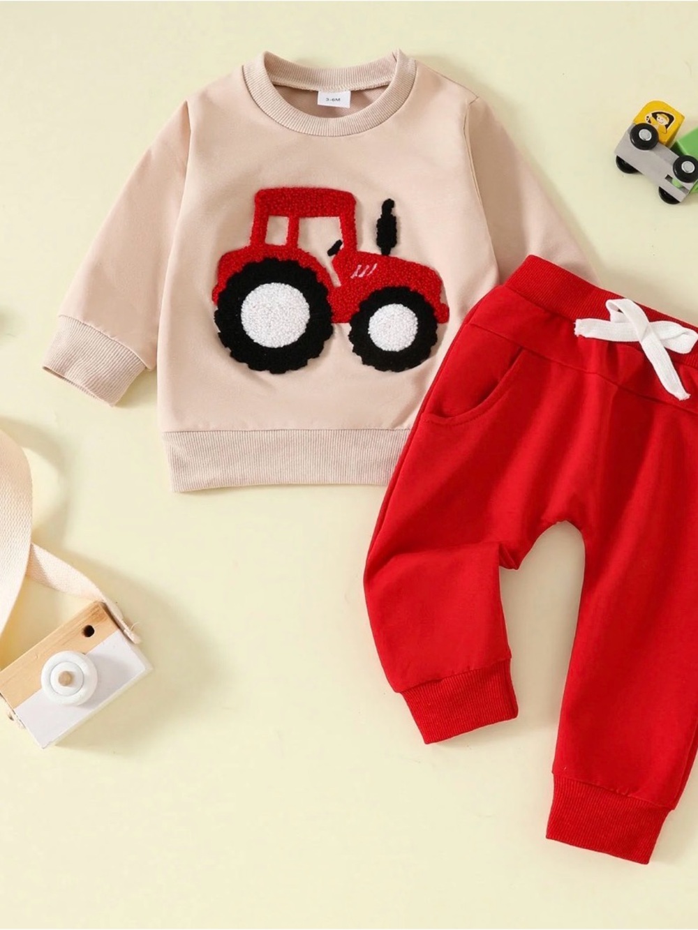 NWOT Toddler Beige Sweatshirt with Red Tractor Patch & Red Joggers Set